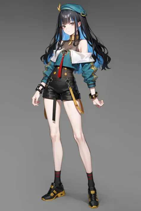masterpiece, best quality, 1girl, tlalocstg2, streaked hair, sunglasses, two-tone hair, bangs, bare shoulders, beret, black footwear, black hair, black shorts, black socks, blue hair, bracelet, closed mouth, full body, jewelry, long hair, long sleeves, multicolored hair, shoes, shorts, socks, solo, standing, simple background <lora:Tlaloc:1>