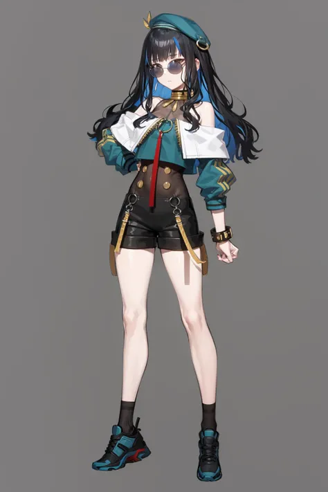 masterpiece, best quality, 1girl, tlalocstg2, streaked hair, sunglasses, two-tone hair, bangs, bare shoulders, beret, black footwear, black hair, black shorts, black socks, blue hair, bracelet, closed mouth, full body, jewelry, long hair, long sleeves, multicolored hair, shoes, shorts, socks, solo, standing, simple background <lora:Tlaloc:1>