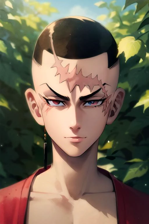 (best quality:1.1), (masterpiece:1.4), sketch, looking at viewer, upper body, depth of field, (watercolor illustration, soft pastel colors:1.1), realistic, 1boy, solo, male focus, <lora:kakucho_tokyo_revengers:1>, kakucho_tokyo_revengers, black hair, red eyes, heterochromia, grey eyes, , scar across eye, buzz cut, , The Enchanted Forest,