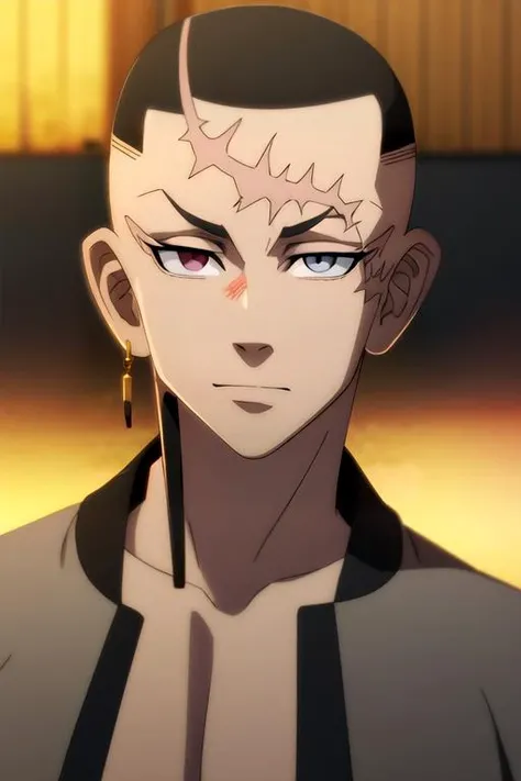 photorealistic, (4k), depth of field, (Masterpiece), (realistic skin texture), extremely detailed, intricate, hyper detailed, high resolution, professional photography, bokeh, depth of field, sharp detail, best quality, , 1boy, solo, male focus, <lora:kakucho_tokyo_revengers:1>, kakucho_tokyo_revengers, black hair, red eyes, heterochromia, grey eyes, very short hair, scar across eye,