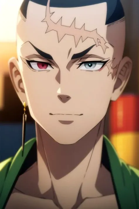 photorealistic, (4k), depth of field, (Masterpiece), (realistic skin texture), extremely detailed, intricate, hyper detailed, high resolution, professional photography, bokeh, depth of field, sharp detail, best quality, looking at viewer, 1boy, solo, male focus, <lora:kakucho_tokyo_revengers:0.8>, kakucho_tokyo_revengers, black hair, red eyes, heterochromia, grey eyes, , , buzz cut