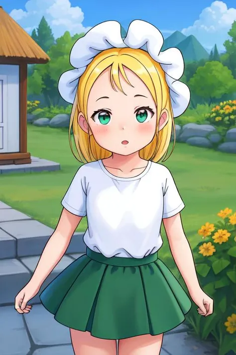 ((((((best-cinematically-realistic-ever-perfect, best-digital-8k-UHD-movie-realistic-perfect , best-real-human-likeness-ever-perfect stunning-ultra-flawless-cute-beauty-perfect, highest-quality-details-only-perfect, masterpiece-anatomy-perfect, extremely-detailed-surfaces-perfect, extremely-accentuated-details-perfect, best-strands-of-hair-details-ever-perfect, extremely-detailed-shapes-perfect)))))) ((, outdoors, official-style, official-style-genuine, official-style-perfect,)) ( <lora:romashka trigger:0.5>extremely-8k-detailed-child-romashka-perfect, green-white-headwear, blonde, skirt, summer-outfit, petite-anatomy-romashka, pointed-hat, romashka-original-outfit)