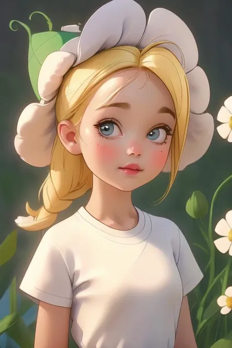 1girl wearing white t-shirt, closeup, blonde hair, romashka <lora:romashka:0.6>, 8k, uhd, realistic, ultra details, chamomile hat, blur background, bokeh