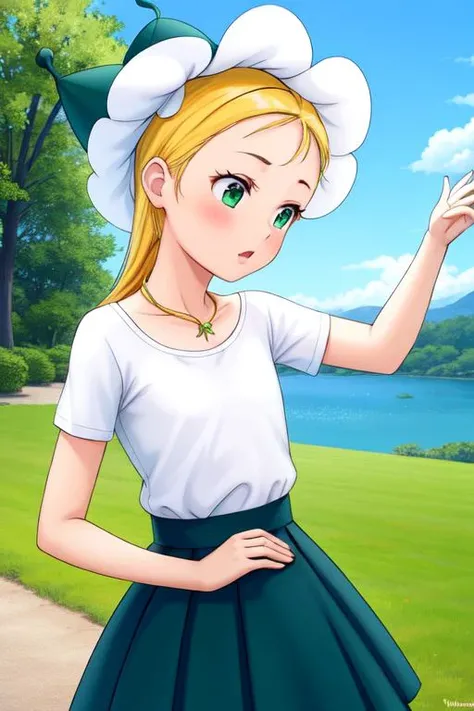 ((((((best-cinematically-realistic-ever-perfect, best-digital-8k-UHD-movie-realistic-perfect , best-real-human-likeness-ever-perfect stunning-ultra-flawless-cute-beauty-perfect, highest-quality-details-only-perfect, masterpiece-anatomy-perfect, extremely-detailed-surfaces-perfect, extremely-accentuated-details-perfect, best-strands-of-hair-details-ever-perfect, extremely-detailed-shapes-perfect)))))) ((, outdoors, official-style, official-style-genuine, official-style-perfect,)) ( <lora:romashka trigger:0.5>extremely-8k-detailed-child-romashka-perfect, green-white-headwear, blonde, skirt, summer-outfit, petite-anatomy-romashka, pointed-hat, romashka-original-outfit)