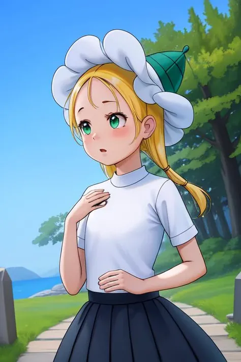 ((((((best-cinematically-realistic-ever-perfect, best-digital-8k-UHD-movie-realistic-perfect , best-real-human-likeness-ever-perfect stunning-ultra-flawless-cute-beauty-perfect, highest-quality-details-only-perfect, masterpiece-anatomy-perfect, extremely-detailed-surfaces-perfect, extremely-accentuated-details-perfect, best-strands-of-hair-details-ever-perfect, extremely-detailed-shapes-perfect)))))) ((, outdoors, official-style, official-style-genuine, official-style-perfect,)) <lora:romashka trigger:0.5>extremely-8k-detailed-child-romashka-perfect, green-white-headwear, blonde, skirt, summer-outfit, petite-anatomy-romashka, pointed-hat