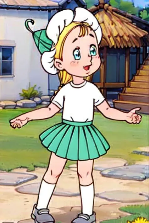 ((((pixel-perfect, picture-perfect, detail-perfect, masterpiece-perfect, enhanced-details-perfect, 3D-hyperrealistic-details-perfect, clear-and-distinct-details-perfect)))) (official style, style parody, cartoon-style, cartoon-perfect) <lora:romashka trigger:0.8> (green-skirt, white-t-shirt, romashka, blonde, blue-eyes, black-pupils, grey shoes, grey footwear, pointed-green-flower-hat, white-socks, daily fun activities, outdoors, in nature)