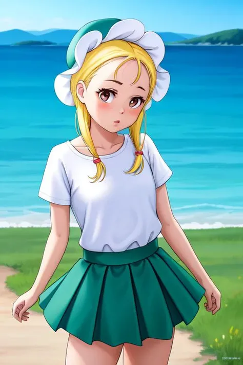 (best-lifelike-real-life) life-size-body:2 <lora:romashka:0.5> romashka, 1girl, solo, skirt, shirt, green-white-pointy-hat, blonde hair, green skirt, short sleeves, white shirt, socks, pleated skirt, shoes, freckles, blue eyes, long hair, child, female child, outdoors