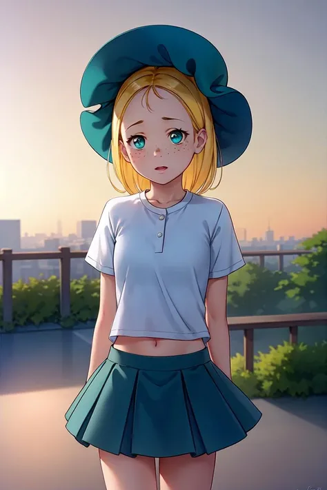 (dark theme:0.6), (dark shot:1.4), 80mm, romashka, 1girl, solo, skirt, shirt, hat, blonde hair, green skirt, short sleeves, , freckles, blush  <lora:romashka:0.55>
 navel, mini skirt, tennis coat, daytime, embarrassed, looking at viewer, scenery, soft light, sharp, exposure blend, medium shot, bokeh, (hdr:1.4), high contrast, (cinematic, teal and orange:0.85), (muted colors, dim colors, soothing tones:1.3), low saturation, (hyperdetailed:1.2), (noir:0.4), (natural skin texture, hyperrealism, soft light, sharp), (hdr:1.22), muted colors, complex background, hyperdetailed, art [[by jordan grimmer]]