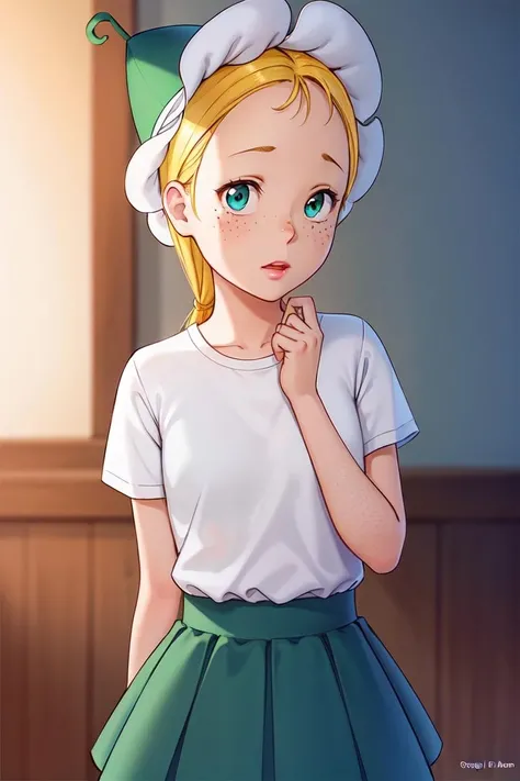 romashka, 1girl, solo, skirt, shirt, hat, blonde hair, green skirt, short sleeves, , freckles, blush <lora:romashka:0.55>, art by greg rutkowski and artgerm, soft cinematic light, adobe lightroom, photolab, hdr, intricate, highly detailed, (depth of field:1.4)
