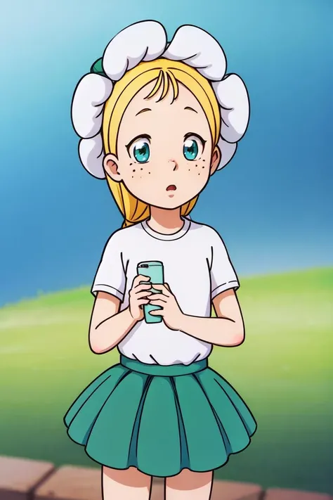 comic style, illustration, cartoon, (anime), (illustration), cartoon, detailed, romashka, 1girl, solo, skirt, shirt, hat, blonde hair, green skirt, short sleeves, , freckles, blush  <lora:romashka:0.55>, art by greg rutkowski and artgerm, soft cinematic light, adobe lightroom, photolab, hdr, intricate, highly detailed, (depth of field:1.4), [[by phil jimenez]]