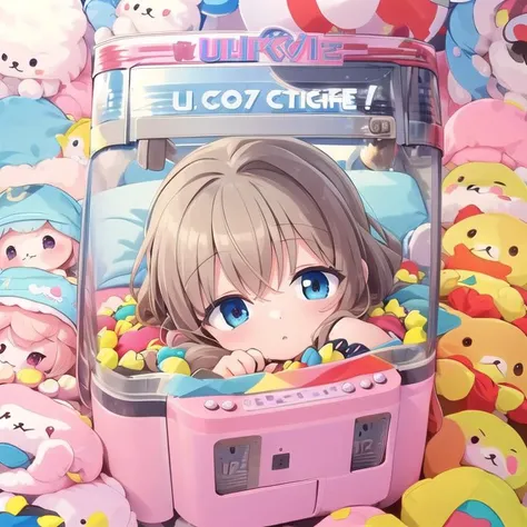 masterpiece,ultra detail,best quality,chibi,petite,4girls,sleeping,((UFOCatcher,Claw machine,)),,from above,stuffed toy <lora:UFOCACTHER_SD15_V4:1.0>,