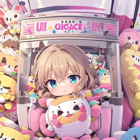 masterpiece,ultra detail,best quality,chibi,petite,4girls,sleeping,game center((UFOCatcher,Claw machine,)),,from above,stuffed toy <lora:UFOCACTHER_SD15_V4:1.0>,