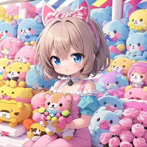 masterpiece,ultra detail,best quality,chibi,petite,4girl,looking at viewer,UFOCatcher,many stuffed toy <lora:UFOCACTHER_SD15_V4:0.9>,Claw machine,