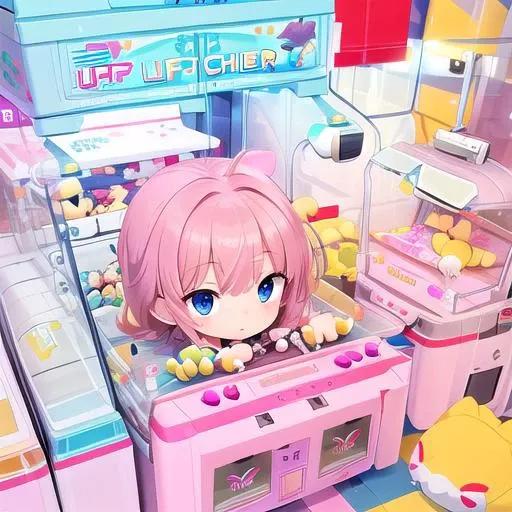 masterpiece,ultra detail,best quality,petite,girl, scenery, still life,playing,game center((UFOCatcher,Claw machine,)),,from above,stuffed toy <lora:UFOCACTHER_SD15_V4:1.0>,push button,claw arm