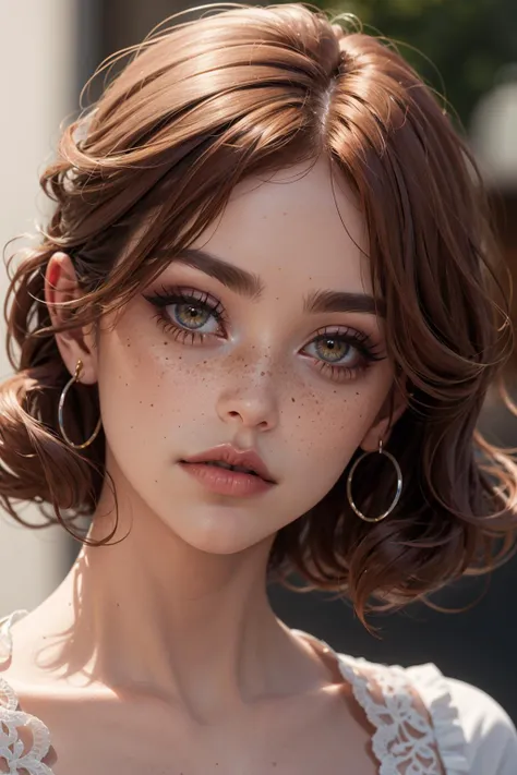 award-winning photography, ultra realistic, 1girl, (mature woman), close up portrait, Stacked Curls in Short Bob, (auburn hair:1.2), [purple eyes|yellow eyes:25], matte eyeshadow, eyelashes, eyeliner, ultra glossy lipstick, (pouty lips:1.2), makeup, freckles, blush, (skindentation), wide jaw, detailed clothes, beautifully detailed woman, extremely detailed eyes and face, beautiful detailed eyes, (bokeh, UHD, HDR, highres, ultra detailed, intricate details, textural effects, absurdres, masterpiece, 8k:1.2),