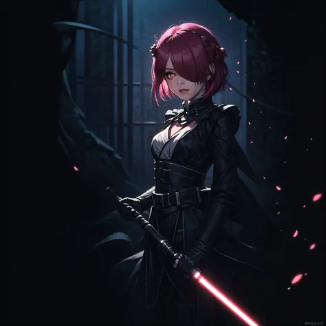 masterpiece, best quality, ultra-detailed, illustration, epic lighting, cinematic composition, isometric, (low key, dark theme:1.2), 1girl, solo,<lora:ramREZero_v11:0.3> <lora:remReZero_v10:0.3>  ram_\(re_zero\), small breasts, cute, lustrous skin, pink hair:1.1, short hair, (hair over one eye:1.3), red eyes:1.2, crazy eyes, frown, piercing gaze, (glowing eyes:1.1), flaming eye, (sthoutfit:1.1), (lightsaber, holding lightsaber, red lightsaber:1.2), walking:1.1, cowboy shot, from below, looking at viewer, arms at sides, (evil, hostile, revenge, vengeance hate, anger, bloodthirsty:1.1), death, destruction, epic, cinematic, dramatic, reflective, ray tracing, Tindal effect, (Balance and coordination between all things), fantasy, intimidating, indoors, night, mansion hallway,  (glowing in the dark, emerging from the shadows, dark, darkness, pitch black, shadows:1.4), (8k:1.1), <lora:maplestoryStyle_v30:0.5> <lora:lowra_v10:0.6> <lora:starWarsSithOutfit_v20:0.8>