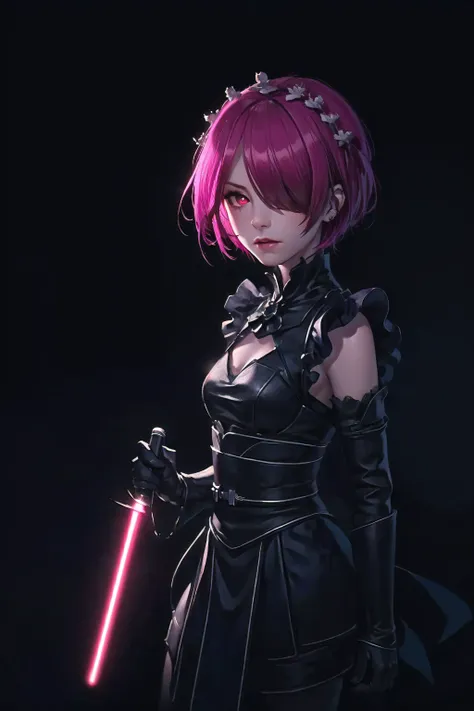 masterpiece, best quality, ultra-detailed, illustration, epic lighting, cinematic composition, isometric, (low key, dark theme:1.2), <lora:ramREZero_v11:0.4> <lora:remReZero_v10:0.3> 1girl, solo, Ram_ReZero, small breasts, cute, lustrous skin, (pink hair:1.2), short hair, (hair over one eye:1.3), (red eyes:1.2), frown, piercing gaze, (glowing eyes:1.1), flaming eye, sparks, (sthoutfit:1.3), (lightsaber, holding lightsaber, red lightsaber:1.2), walking:1.1, upper body, looking at viewer, arms at sides, (evil, hostile, revenge, vengeance hate, anger, bloodthirsty:1.1), death, destruction, epic, cinematic, dramatic, reflective, ray tracing, Tindal effect, (Balance and coordination between all things), fantasy, intimidating, indoors, night, mansion hallway, (glowing in the dark, emerging from the shadows, dark, darkness, pitch black, shadows:1.4), (8k:1.1), <lora:maplestoryStyle_v30:0.3> <lora:lowra_v10:0.8> <lora:starWarsSithOutfit_v20:0.7>
