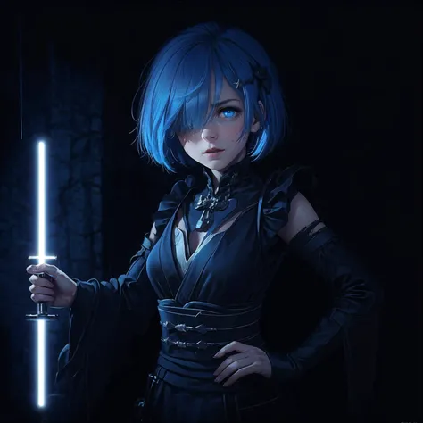 masterpiece, best quality, ultra-detailed, illustration, epic lighting, cinematic composition, isometric, (low key, dark theme:1.2), 1girl, solo, <lora:remReZero_v10:0.7> rem_\(re_zero\), cute, lustrous skin, enchanting gaze, captivating pose, blue hair, short hair, (hair over one eye:1.3), blue eyes, glowing eyes, flaming eye, (sthoutfit:1.1), (lightsaber, holding lightsaber, blue lightsaber:1.2), walking:1.1, cowboy shot, from below, looking at viewer, arms at sides, (revenge, vengeance hate, anger, bloodthirsty:1.1), death, destruction, epic, cinematic, dramatic, reflective, ray tracing, Tindal effect, (Balance and coordination between all things), fantasy, intimidating, indoors, night, mansion hallway, (glowing in the dark, emerging from the shadows, dark, darkness, pitch black, shadows:1.4), (8k:1.1), <lora:maplestoryStyle_v30:0.5> <lora:lowra_v10:0.6> <lora:starWarsSithOutfit_v20:0.6>