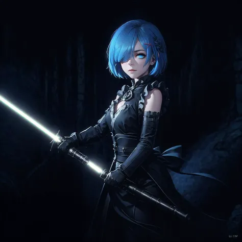 masterpiece, best quality, ultra-detailed, illustration, epic lighting, cinematic composition, isometric, (low key, dark theme:1.2), 1girl, solo, <lora:remReZero_v10:0.7> rem_\(re_zero\), cute, lustrous skin, enchanting gaze, captivating pose, blue hair, short hair, (hair over one eye:1.3), blue eyes, glowing eyes, flaming eye, (sthoutfit:1.1), (lightsaber, holding lightsaber, blue lightsaber:1.2), walking:1.1, cowboy shot, from below, looking at viewer, arms at sides, (revenge, vengeance hate, anger, bloodthirsty:1.1), death, destruction, epic, cinematic, dramatic, reflective, ray tracing, Tindal effect, (Balance and coordination between all things), fantasy, intimidating, indoors, night, mansion hallway, (glowing in the dark, emerging from the shadows, dark, darkness, pitch black, shadows:1.4), (8k:1.1), <lora:maplestoryStyle_v30:0.5> <lora:lowra_v10:0.6> <lora:starWarsSithOutfit_v20:0.6>