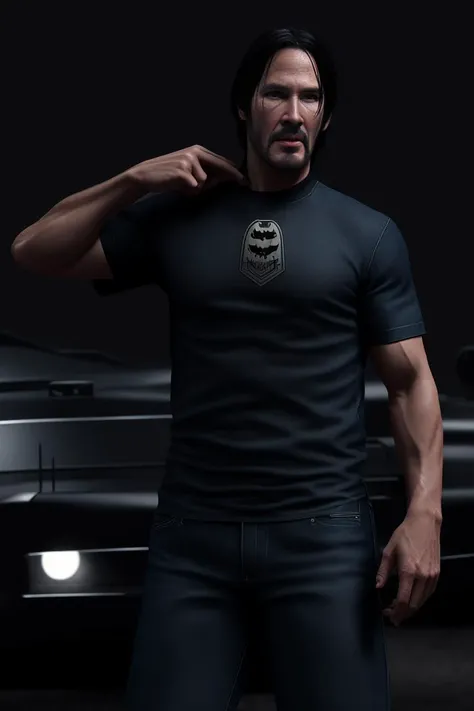 John Wick, batman, T-shirt, denim pants, close-up, <lora:LowRa:0.7>