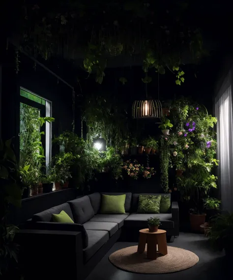 <lora:LowRA:0.7> a photo of a solarpunk living room with lots of flowers and plants, dark theme, evening