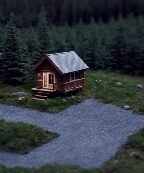 <lora:LowRA:0.8> a tiny cabin, (tilt shift:1.2)