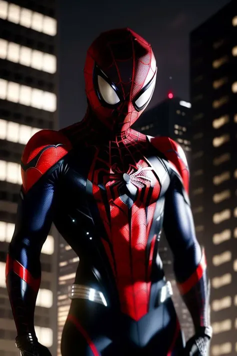 miles Morales, spider man suit, heroic pose, short hair , lot noise image, 24mm, 4k textures, soft cinematic light, adobe lightroom, photolab, hdr, intricate, elegant, highly detailed, sharp focus, ((((cinematic look)))), insane details, intricate details, hyperdetailed, low contrast, soft cinematic light, dim colors, exposure blend, hdr,