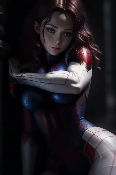 25 yeas old spider girl , in white suit,24mm, 4k textures,low light,hdr, intricate, highly detailed, sharp focus,insane details, intricate details, hyperdetailed, low contrast, dim colors, exposure blend, hdr, faded <lora:LowRa:1>