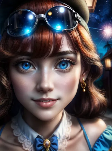 <lora:flat2:-1>,  <lora:LowRA:0.9>, ((from below upskirt)), (a 29 yo girl, (Zooey Deschanel:0.8), (redhead:1.1), cute smile, cute perfect face, ultraperfect  blue eyes), Corsage shirt, Corsages-straps, (white lace panties:1.2), cameltoe, goggles, (Plaque in the form of hours:1.2), jewelry by steampunk mechanisms, made of copper, brass, intricate gears, chains, onvex lenses,, (from outside the Saloon:1.2), street, starry sky, milky way, 64K, wide angle