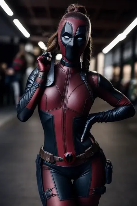 Deadpool woman, Deadpool mask ,hyperdetailed suit , super sexy curved body, elegant pose , 1 pony tail, intricated mecha suit, intricated, intricated suit, heroic pose, ginger, close up shot, bokeh background, low contrast, ,perfect muscular body , <lora:LowRA:0.6>, RAW candid cinema, 16mm, color graded portra 400 film, remarkable color, ultra realistic, textured skin, remarkable detailed pupils, realistic dull skin noise, visible skin detail, skin fuzz, dry skin, shot with cinematic camera