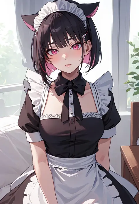 an anime styled illustration of a white and black girl with cat ears and dress, 1girl, solo, short sleeves, animal ear fluff, animal ears, apron, smile, white apron, sitting, maid headdress, frills, looking at viewer, maid, blush, puffy sleeves, puffy short sleeves, cat ears, dress, closed mouth, bangs, night, breasts, black dress, black hair, frilled apron, short hair, colored inner hair, medium breasts