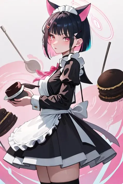 best quality, masterpiece, highres, solo, {maid:1.40}, {long maid dress:1.15}, {kazusa_bluearchive:1.15}, animal_ears, black_hair, multicolored_hair, short_hair, bangs, colored_inner_hair, pink_hair, halo, cat_ears, two-tone_hair, hair_ornament, blush, hairclip, red_eyes, pink_eyes