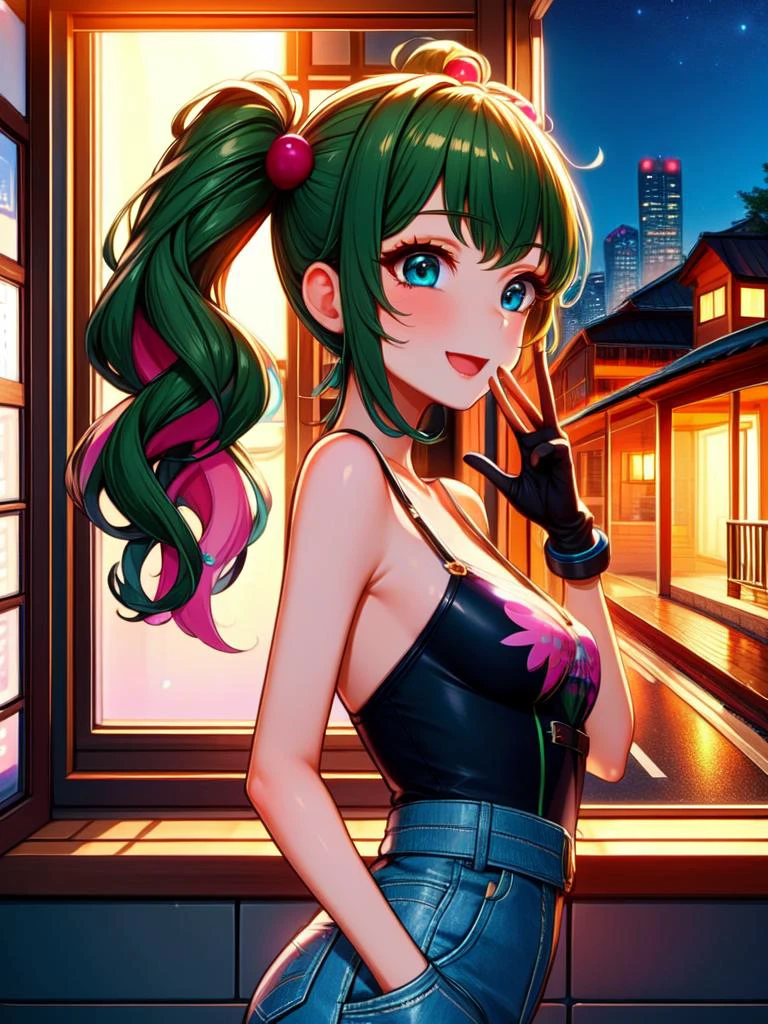 (masterpiece, best quality, detailed:1.5), solo, <lora:girllikewindowviews:0.9> (window views:1.2), from side, overlooking, night, alley, <lora:happy_gyaru_V1:0.75> flashy gyaru, happy, showy,too many accessories, colorful , kogal, BREAK darkgreen hair, opera gloves