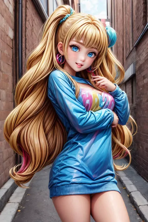 (detailed eyes:1.3), Beautiful Lighting, (1girl:blue  eyes, blonde hair, absurdly long hair, (hair between eyes:1.1)), (real skin), <lora:l - L| :1>, <lora:y:1>,  (Style-DA:1), (outdoors, alley:1.3), <lora:age_slider-LECO-v1:-4>, <lora:l-a |tT:0.4>,
 <lora:happy_gyaru_V1:0.6>, 1girl, flashy gyaru, happy, showy, (too many accessories:1.3), colorful , kogal, sweater dress, long sleeves, multicolored hair, sweater ,