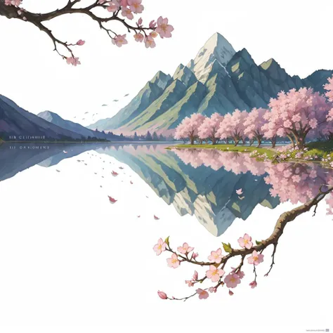 no humans, white background, simple background, leaf, flower, purple flower, painting (medium), traditional media, still life, signature, watermark, watercolor (medium), signature, watercolor (medium), pink flower, petals, cherry blossoms, best quality, UHD, ccurate, award winning, super detail, 4K, ink,scenery ,water,tree,splash,mountain,GAME ICON,game icon institute, <lora:rock stone:0.6>,Brilliant colors,Color, Ink reflection