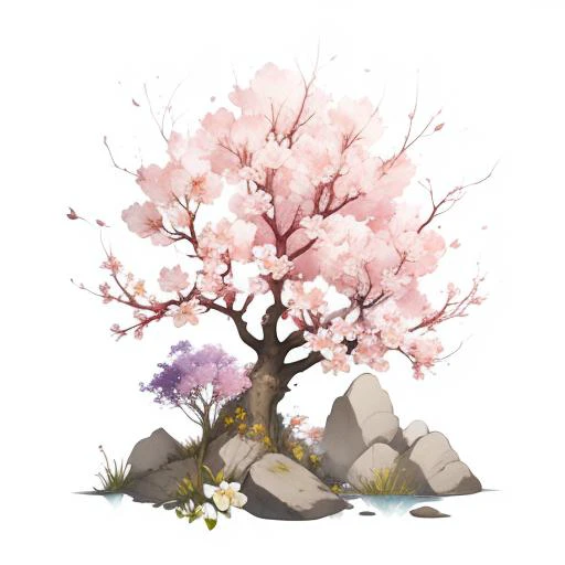 no humans, white background, simple background, leaf, flower, purple flower, painting (medium), traditional media, still life, signature, watermark, watercolor (medium), signature, watercolor (medium), pink flower, petals, cherry blossoms, best quality, UHD, ccurate, award winning, super detail, 4K, ink,scenery ,water,tree,splash,mountain,<lora:inklora:0.6>,GAME ICON,game icon institute, <lora:rock stone:0.8>