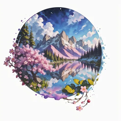 no humans, white background, simple background, leaf, flower, purple flower, painting (medium), traditional media, still life, signature, watermark, watercolor (medium), signature, watercolor (medium), pink flower, petals, cherry blossoms, best quality, UHD, ccurate, award winning, super detail, 4K, ink,scenery ,water,tree,splash,mountain,GAME ICON,game icon institute, <lora:rock stone:0.65>,Brilliant colors,Color, Ink reflection