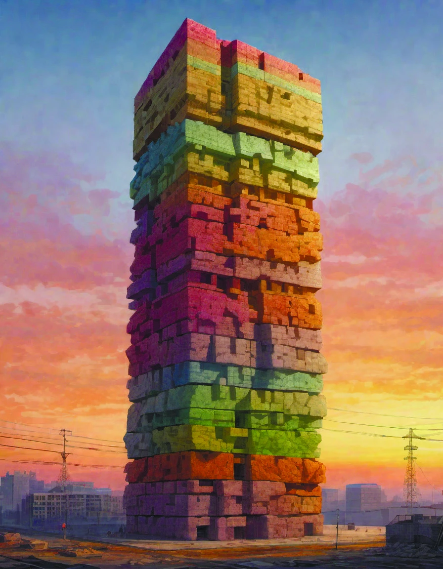 hyper detailed architectural drawing of a potato tower at sunrise,colorful gumbo bricks <lora:add-detail-xl:1.6>,Brutalism <lora:Brutalism_new:0.8>,by diegocr