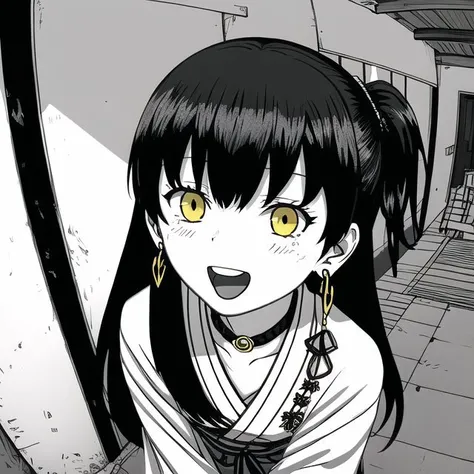 <lora:omao:1>, omao, monochrome, greyscale, 1girl, 2022, :d, bangs, blue hair, earrings, eyebrows visible through hair, highres, japanese clothes, jewelry, kagami mochi, kimono, long hair, looking at viewer, mochi, mutomorokoshi, official alternate costume, open mouth, otter, ponytail, reginn \(fire emblem\), smile, teeth, upper body, upper teeth, yellow eyes