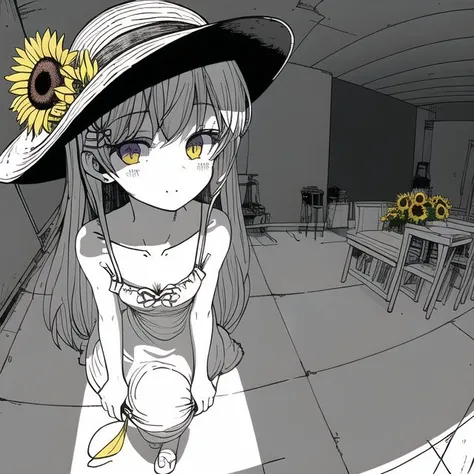 <lora:omao:1>, omao, monochrome, greyscale, 
1girl, bare arms, blue ribbon, bouquet, bow, collarbone, dress, flower, grey dress, hat, hat bow, holding, holding bouquet, long dress, long hair, looking at viewer, purple bow, purple hair, ribbon, sleeveless, sleeveless dress, solo, standing, straight hair, straw hat, sun hat, sundress, sunflower, very long hair, yellow eyes, yellow flower, yellow headwear