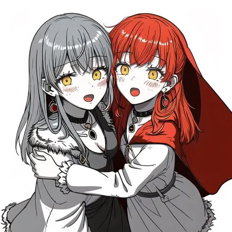 <lora:omao:1>, omao, monochrome, greyscale, 1boy, 1girl, :o, bangs, bare shoulders, blonde hair, blue dress, blush, cape, dress, earrings, fur-trimmed cape, fur trim, grey jacket, hakamii, highres, hug, jacket, jewelry, long hair, long sleeves, looking at viewer, necklace, official alternate costume, open mouth, red cape, redhead, shiny, shiny hair, short hair, teeth, upper body, white background, yellow eyes