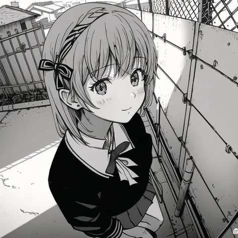 <lora:omao:1>, omao, monochrome, greyscale, 1girl, bangs, blonde hair, blurry, brown eyes, butterfly, depth of field, fence, from above, highres, jacket, neck ribbon, ribbon, school uniform, signature, solo, sunlight, upper body, watermark, web address