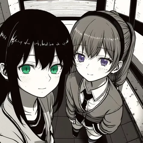 <lora:omao:1>, omao, monochrome, greyscale, 3boys, 5koma, 6+girls, blazer, brown eyes, brown hair, cardigan, character name, comic, green eyes, half updo, highres, jacket, long hair, low twintails, multiple boys, multiple girls, new generations, ponytail, red eyes, sexy guilty, short hair, side ponytail, twintails, yellow eyes