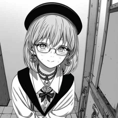 <lora:omao:1>, omao, monochrome, greyscale, 1girl, blonde hair, blush, earrings, glasses, hair over one eye, hat, jewelry, looking at viewer, monochrome, short hair, solo