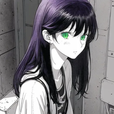 <lora:omao:1>, omao, monochrome, greyscale, black hair, brown hair, green eyes, highres, multiple persona, purple hair