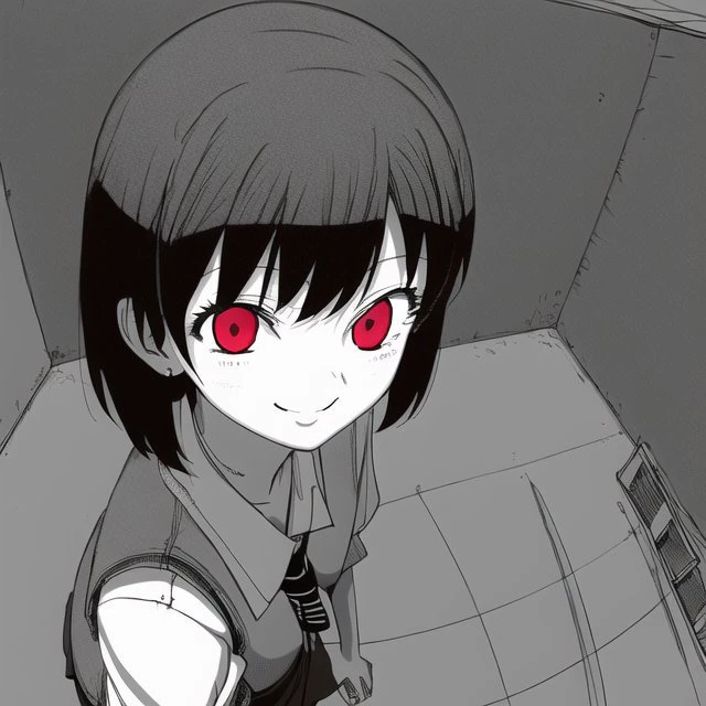 <lora:omao:1>, omao, monochrome, greyscale, 1girl, brown hair, female, glowing eye, red eyes, school uniform, serafuku, short hair, simple background, smile, solo