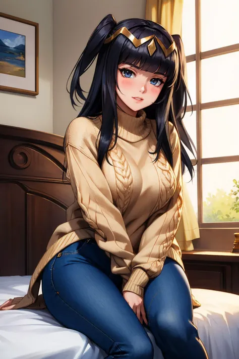 masterpiece, best quality, rndTharja, cable-knit sweater, blue jeans, bedroom, looking at viewer, blushing, sitting <lora:tharja-nvwls-v2-000010:0.8>