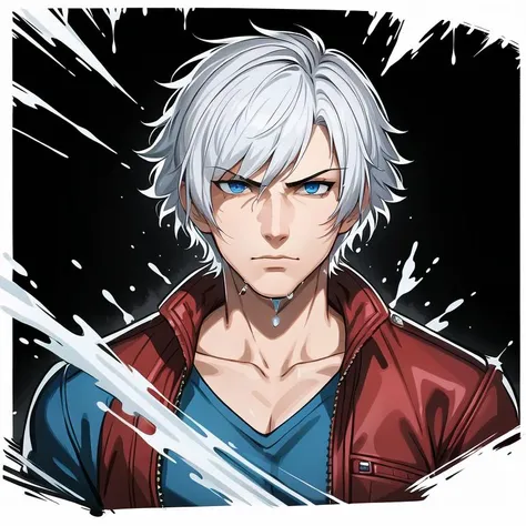 (masterpiece, best quality:1.1), pxint, 1boy, male focus, serious face, looking at viewer, (dante:1.05), from devil may cry, red and white, white hair, short hair, blue eyes, red jacket, boots, fingerless gloves, detailed eyes, portrait, flowing, with a splash of paint, (abstract:0.8)