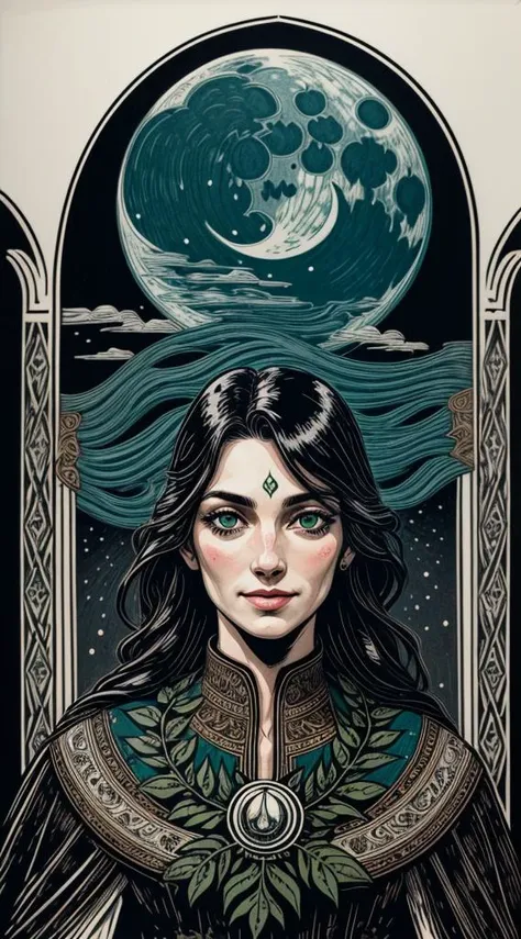 (((graphic art, graphic pen, linocut, linoprint))), ((art nouveau style)), 1girl, celtic styling, intricate border, (wise eyes, adult, green eyes, dark pupils), long braid, vines, black hair with green vines, green vines in hair, leaves in hair, soft freckles on nose, detailed face, symmetrical forehead tattoo, clothes made from leaves and bark, flowing dress made from leaves, animals, cloak, jewellery, piercings, swirling leaves, bark, wood, natural forms, nature, large moon, moonlight, sky, clouds, updraft, floating leaves, light smile, distant mountains, dynamic pose, depth of field, cowboy shot, backlit, shadowed face, magical, wild,  <lora:aportrait:0.5>, <lora:more_details:0.6>