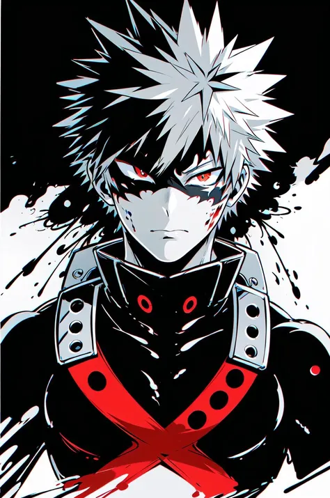 ((masterpiece,best quality, detailed)), 1boy, male focus, bakugou katsuki, high collar, bodysuit, superhero, portrait, droplets, flowing, with a splash of paint, paint splash, multicolored, looking at viewer, splatter, bubble, swirling, rim lighting, black and red, eye mask